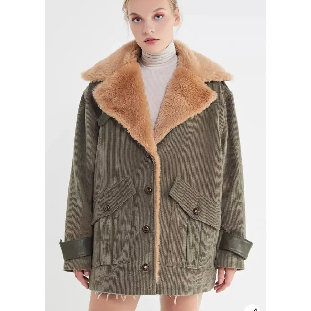 Avec Les Filles Sherpa Trim Corduroy Jacket Oversized Blue Women's S